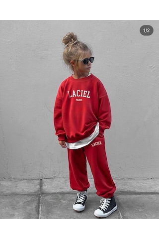Çocuk Slogan Desenli Pamuklu Sweatshirt Eşofman Tayt Alt-üst Takım Kırmızı