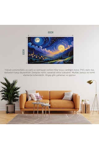 Doğa Ve Manzara Yatay Sessiz Bir Köyün Üzerinde Yıldızlı Gece Parlayan Ay 06 Çerçevesiz 90x60cm Pvc Tablo