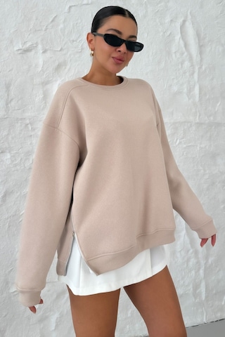 Modagen Kadın Bej Bisiklet Yaka Yanı Yarım Fermuar Detaylı Sweatshirt Bej