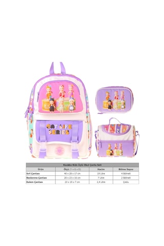 Kaukko Kids Cat Life Mor - Krem Renk Kız Çocuk Üçlü İlkokul Okul Çantası Seti/takımı - Setkk-l5313d