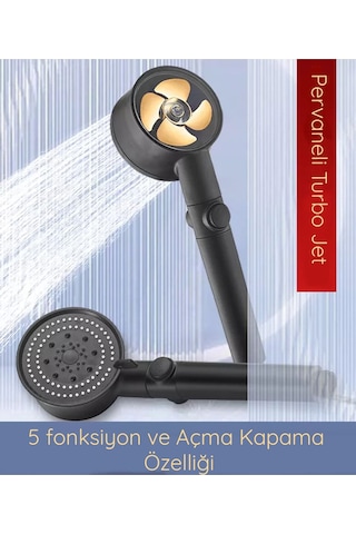 Kustar 5 Fonksiyonlu Turbo Jet Pervaneli Duş Başlığı Aç-kapa Butonlu Siyah