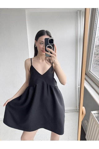 Retrobird Tasarım June Askılı Mini Elbise Kadın Siyah-13905 Siyah