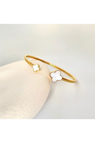 Sedef Taşlı Yonca Kararmaz Çelik Gold Bileklik