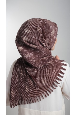 Kahverengi Pratik Hazır Geçmeli Tesettür Eşarp Kesik Elyaf Piliseli Çiçek Desenli 1818d6 14