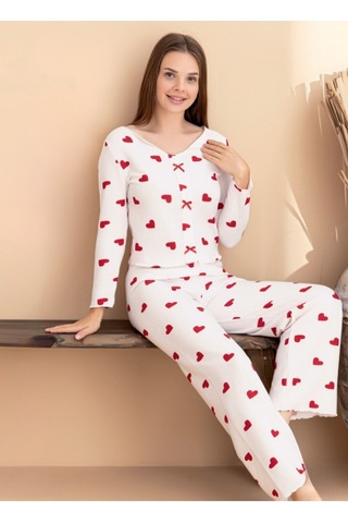 Kadın Kurdele Detaylı Kiraz Desenli U Yaka Likralı Pijama Takım Beyaz-kırmızı