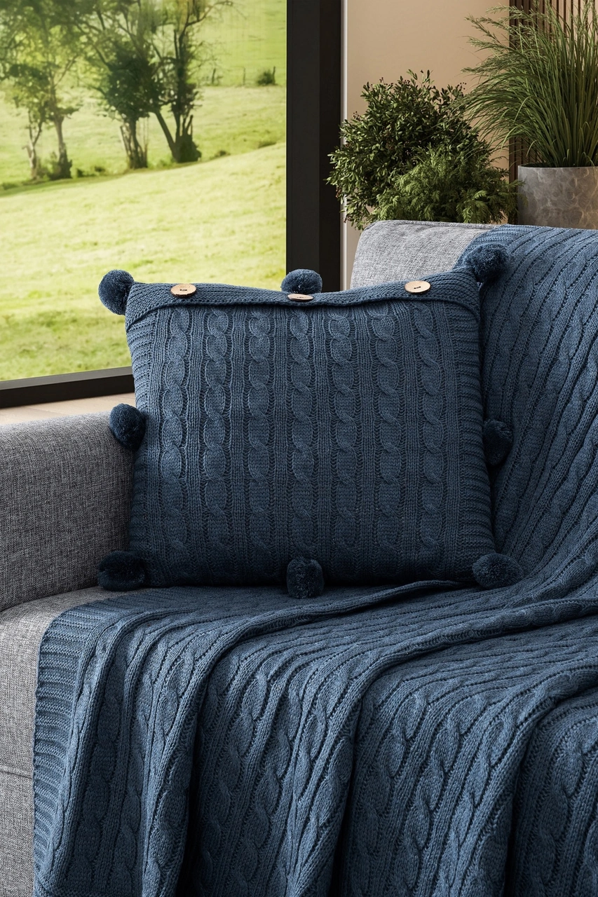 2'li Takım Triko Örgü Kırlent Kılıfı & Tv Battaniyesi - Omuz & Koltuk Şalı Seti Indıgo Indigo