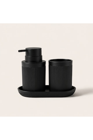 The Voguemaxima Noir 3 Parça Banyo Seti Siyah Sıvı Sabunluk Diş Fırçalık Ve Tepsi