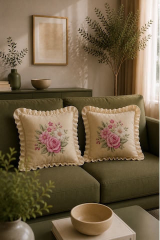 2'li Fırfırlı Çiçek Desenli Dekoratif Kırlent Kılıfı %100 Pamuk Organik Boya Baskılı 45x45 Cm Çok Renkli