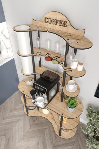 Brew-blıss Mutlu Kahve Köşesi-çok Amaçlı Mutfak Rafı Safir Meşe-lambader Aydınlatmalı Meşe