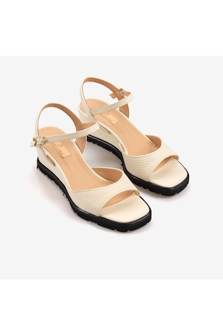 Hawen Angels Kadın Hakiki Deri Bilek Bantlı 7,5 Cm Dolgu Topuklu Sandalet 169-269 Krem