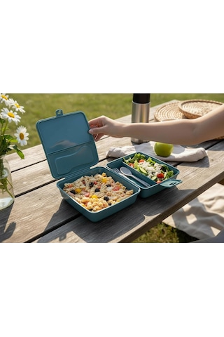 Bölmeli Sağlıklı Saklama Ve Yemek Kabı - Bpa Sız Sağlıklı - Kilit Kapak - Taşınabilir Lunchbox- Su Yeşili Çok Renkli