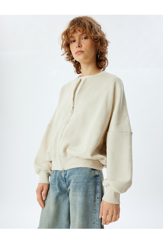 Koton Oversize Fermuarlı Sweatshirt Dikiş Detaylı Bisiklet Yaka Bej 5wal10014ık Ekru