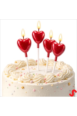 Çubuklu Metalik Kırmızı Kalp Mum - 13 Cm X 4 Adet