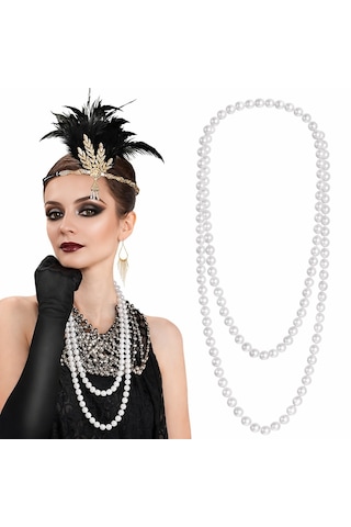 1920 Gatsby İnci Kolye Vintage Uzun Beyaz İnci Kolye 5615 Açık