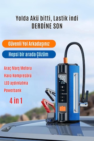 Aimod Airpro 4 In 1 Şarjlı Akü Ateşleyici Hava Kompresör Lastik Şişirici Powerbank 5 Çeşit Led Işık