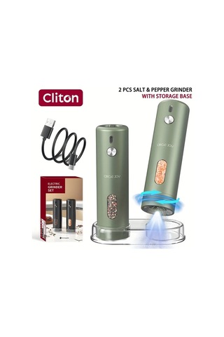 Honeybeeshop Şarj Edilebilir Elektrikli Biber Değirmeni 110ml Kapaklı Otomatik Biberlik Yeşil 2 Adet Değirmen Depolama Tabanı Beyaz Led Işık Tek Elle Kullanım Yeşil - 2 Adet Değirmen+depolama Tabanı