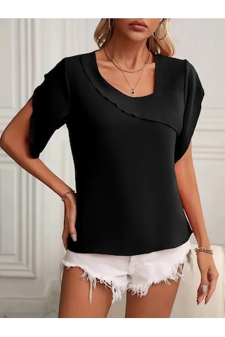 Gülsüm Aydın Kadın Kısa Kollu Yaka Ve Kol Detay Jesica Bluz Zümrüt