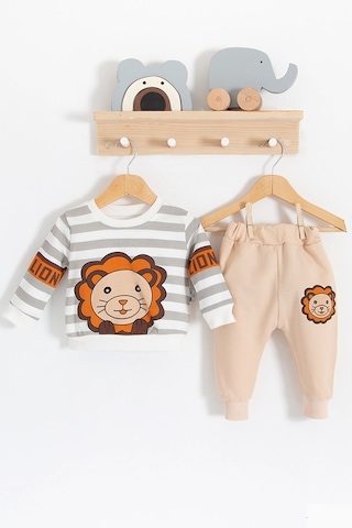 Aslan Desenli 2'li % 100 Pamuk Erkek Bebek Takımı Renkli Gri