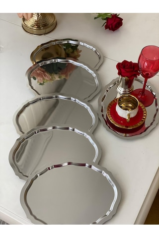 Paslanmaz Celik 6 Adet Oval Dalgali Servis Ve Sunum Tepsisi Gümüş