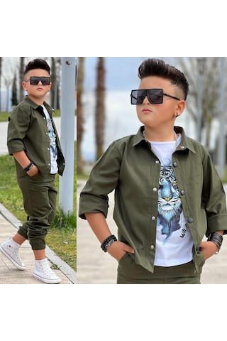 Modavals Gabardin Gömlek Kargo Cep Pantolon Ve Kaplan Baskılı Tshırt 3 Parça Erkek Çocuk Takım Haki