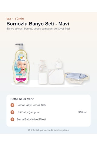 Bornozlu Banyo Seti 3 Parça: Bornoz Seti + Uni Baby Şampuan + Küvet Filesi - Mavi