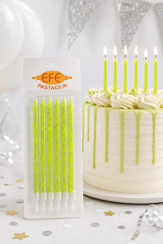 Neon Yeşil Gümüş Simli Uzun Pasta Mumu 17 Cm Karışık