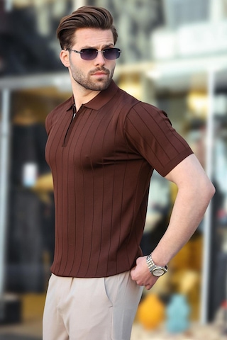 Madmext Madmext Kahverengi Polo Yaka Fermuarlı Erkek T-shirt E7298 Kahverengi
