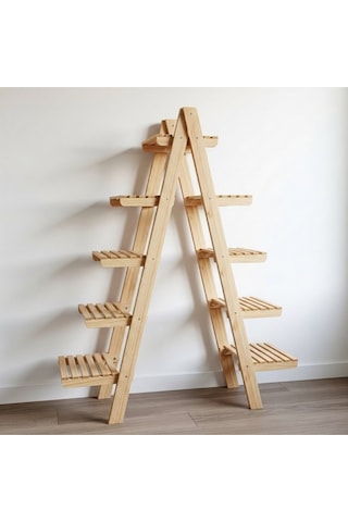 Wooddecor 5 Katlı Ahşap Merdiven Çiçeklik - 120x100 Cm Geniş Raf Standı Bej