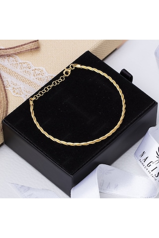 İkili Burgu Model Lazer Kalem İşlemeli Gold Rengi 925 Ayar Gümüş Kadın Bileklik