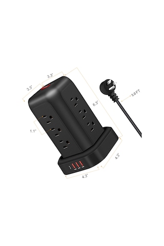 Reedark Amerikan Standartlı Dikey Priz, 12 Fişli + 3 Usb + 1 Type-c, Fırtına Ve Aşırı Yük Korumalı, 1.5m Kablolu, 2000w, Abs Kasa