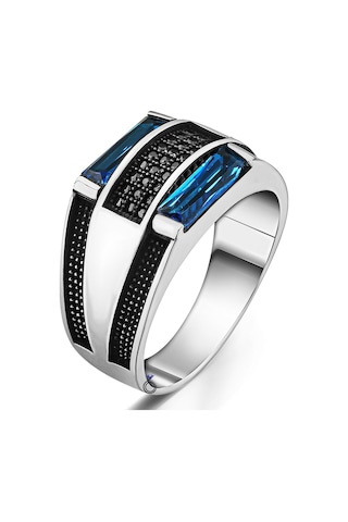 Modasilvers 925 Ayar Gümüş Mavi Baget Taşlı Erkek Yüzük (547569555)