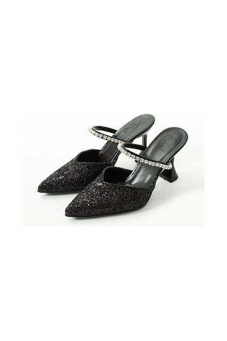 Duxal Shoes Casey Cam Kırıntıları Taş Detaylı Arkası Açık Topuklu Ayakkabı Siyah