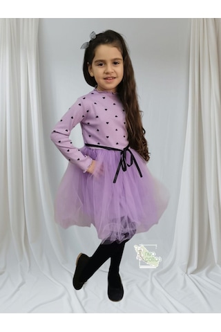 Kız Bebek-çocuk Uzun Kollu Doğum Günü Ve Özel Günler İçin Kalpli Tüllü Astarlı Elbise Lila