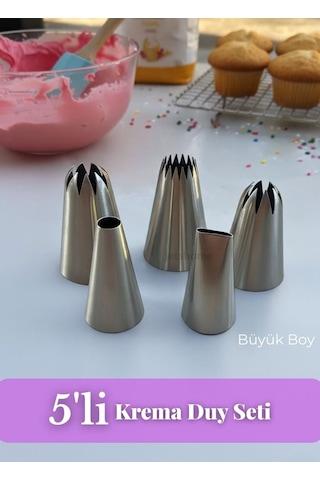 Cupcake, Ekler, Pasta Ve Kurabiye Duyu 5 Li Büyük Boy Paslanmaz Çelik Dekoratif Krema Duy Seti Set-3 Metalik Gri