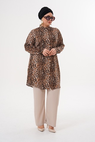 Polologin Butik Leopar Desenli Hakim Yaka Tunik Çok Renkli