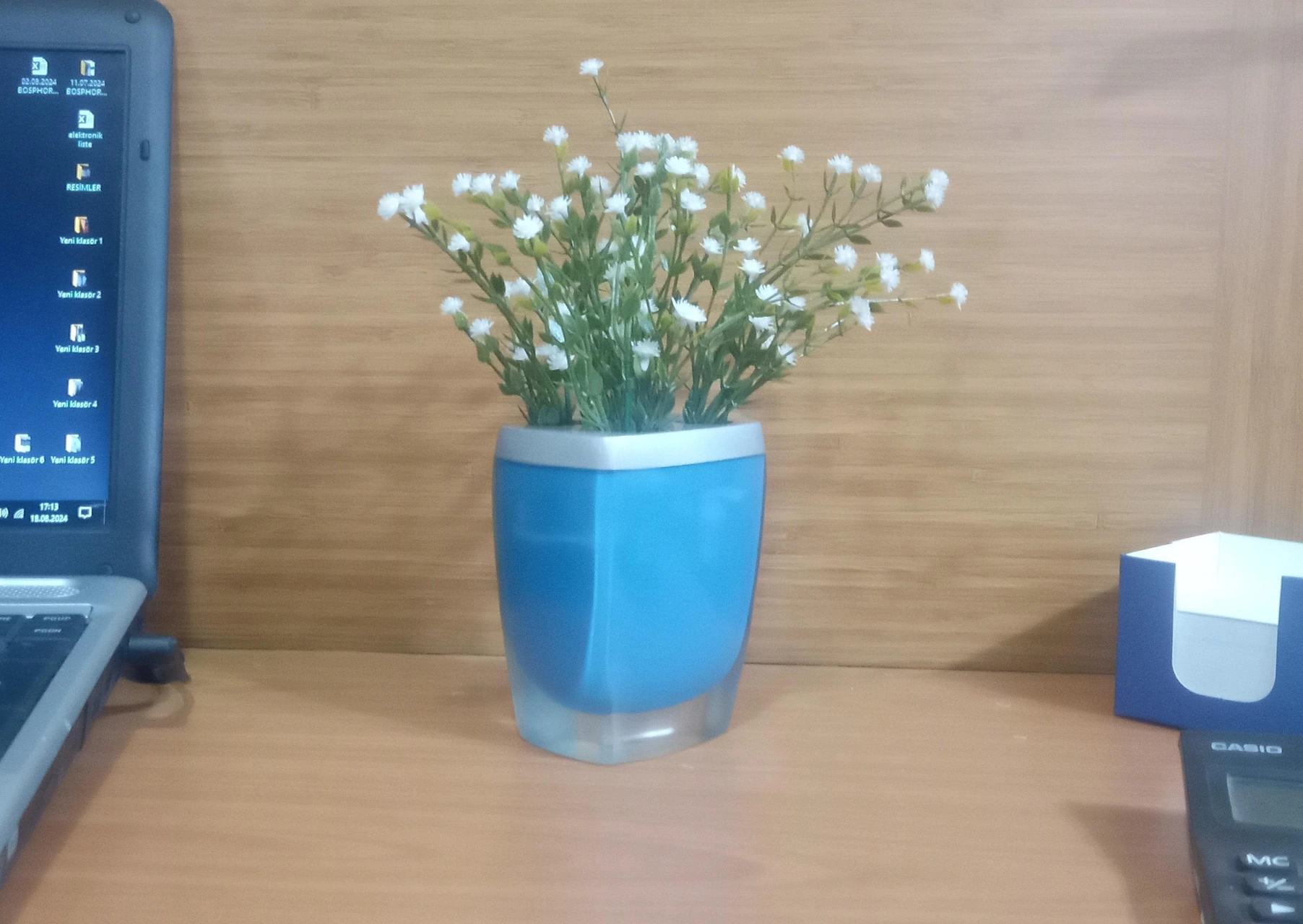 2 Adet Vazo Dahil,vazoda Çiçek,beyaz Yapay Çiçek,vazo Dekoratif Gri Mavi Poliresin 8x4x16cm Çok Renkli