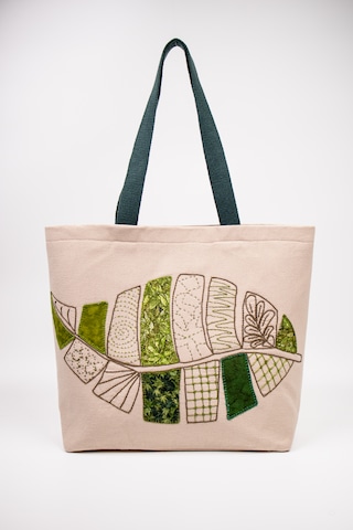Fabric Craft Bag Omuz Çantası Duck Kumaş Patchwork Sashiko El İşlemeli Astarlı Telalı Günlük Çanta 44x34 Cm Acı Kahverengi - Bej