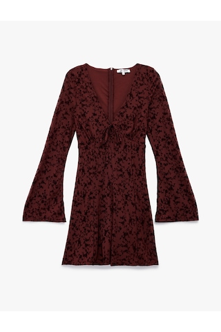 Koton Tül V Yaka Uzun İspanyol Kollu Fiyonklu Dantelli Mini Şortlu Tulum Bordo 6wal40007ık Bordo