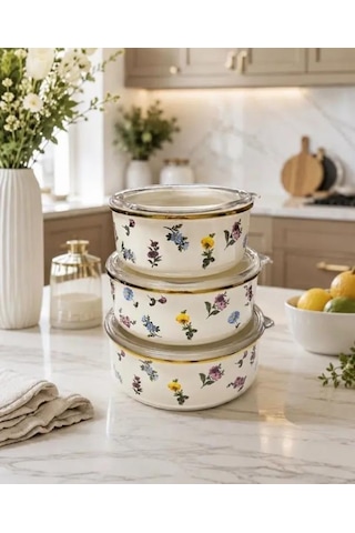 Acar Petit Fleur Collection Emaye 3lü Saklama Kabı Xap-10439 Çok Renkli