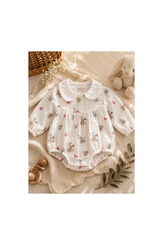 Omeca Concept Kız Bebek Bambi Desenli Uzun Kollu Yakalı Body Zıbın Beyaz