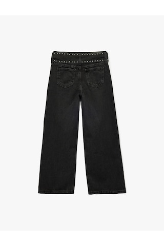 Koton Kemerli Zımba Detaylı Pamuklu Geniş Paça Denim Pantolon Siyah 7wkg40004ad