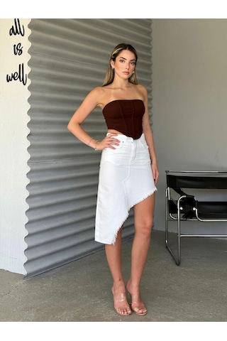 Shevega Kadın Beyaz Etek Püskül Asimetrik Kesim Keten Etek Beyaz