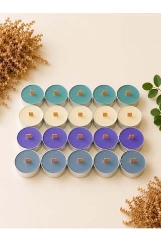 Sedefli Ahşap Fitil Tealight Mum Seti 20 Adet - Sandal Ağacı Kokulu, Yeşil, Sarı, Mor, Gri Renkli Diğer