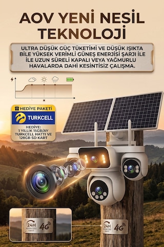 4 Kameralı Solar Panelli Güneş Enerjili Uzaktan Kontrol ,7/24 Aralıksız Kayıt, 2 Solar Panel,aı