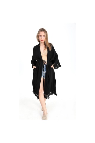 Kimono Palmiye Baskılı Püsküllü - Siyah-siyah Siyah