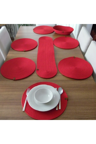Kırmızı 6 Kişilik 8 Parça Amerikan Servis, Hasır Supla Takımı, Ta Kırmızı