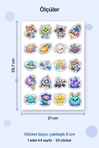 Galaksi Macerası 20 Adet Mini Uzay Sticker Çıkartma A4 Kırtasiye Etiketi Çok Renkli