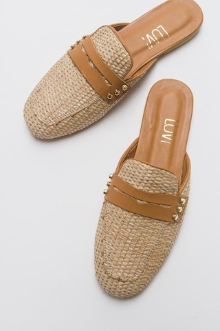 Luvishoes 165 Hakiki Deri Taba Hasır Kadın Terlik Taba