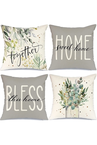 Shineyee 4 Adet 45x45 Cm Fantezi Linen Kumaş Köy Stili Ev Dekoru Yastık Kılıfı, Gizli Reçme, Tek Taraflı Baskı, Yeşil Renk, Konforlu Ve Dayanıklı Haki - Gri