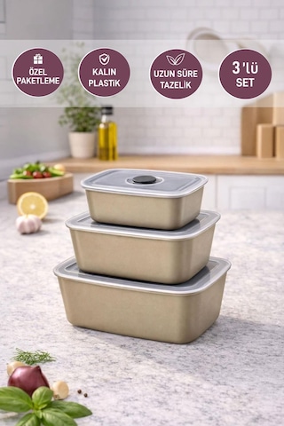 Selka Home 3'lü Vakum Kapaklı Saklama Kabı Ekru